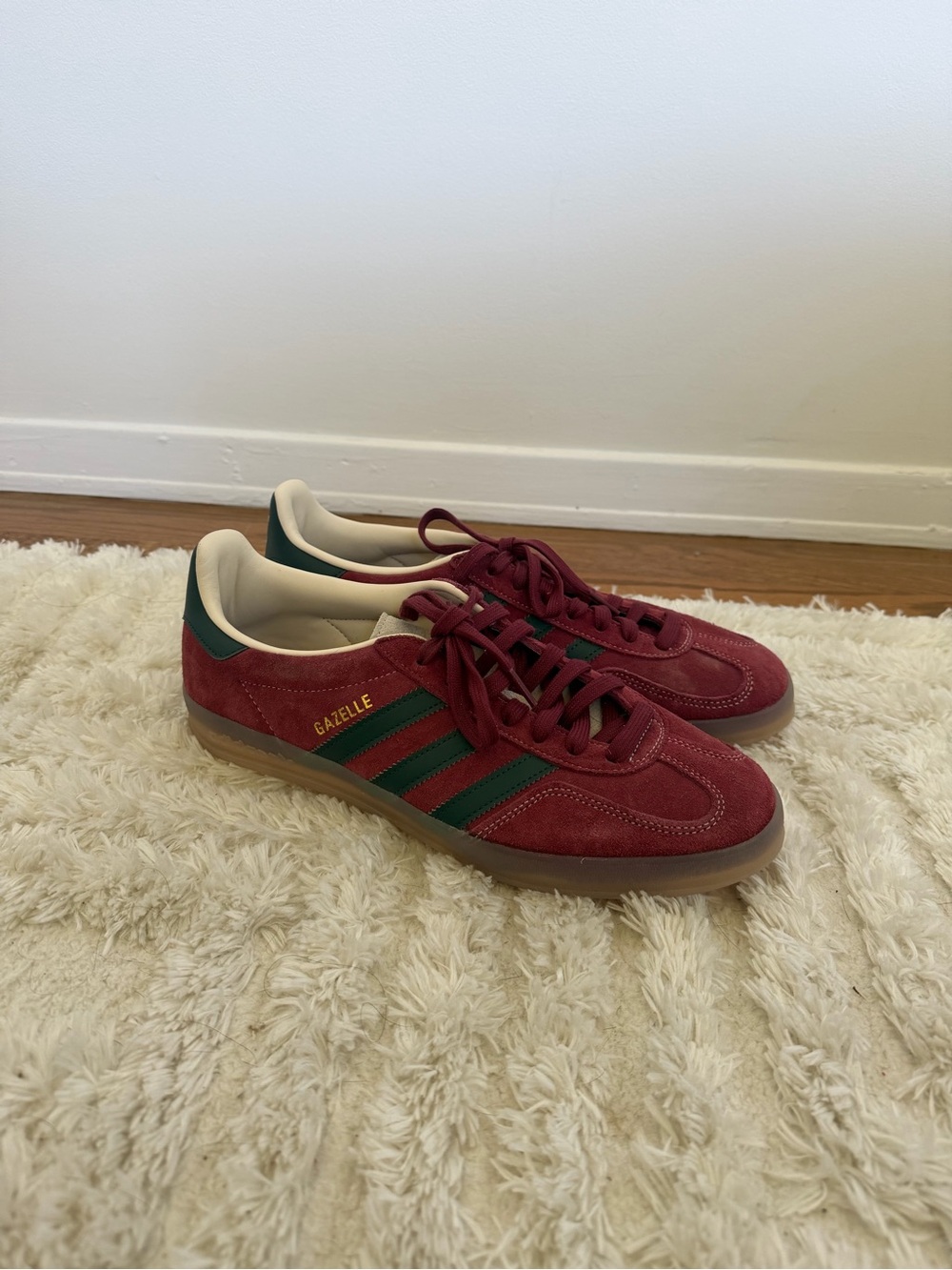 adidas Gazelle Sneakers in Burgundy with Green Stripes